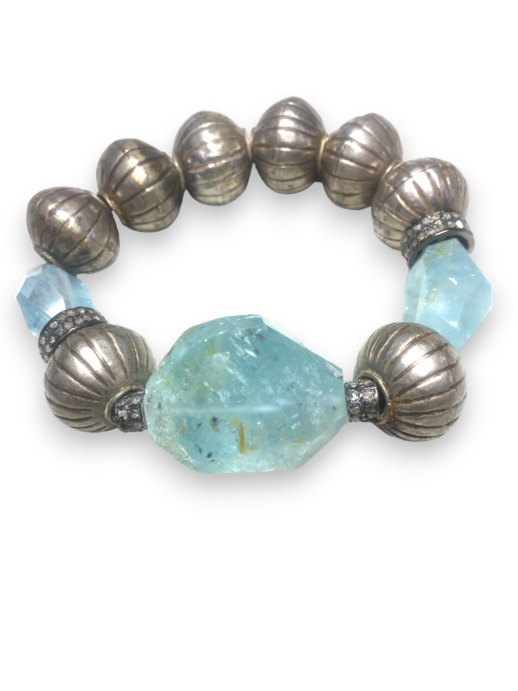 Blue Topaz Nugget, Diamond Wheels & Sumatran Antique Silver Beads #2549