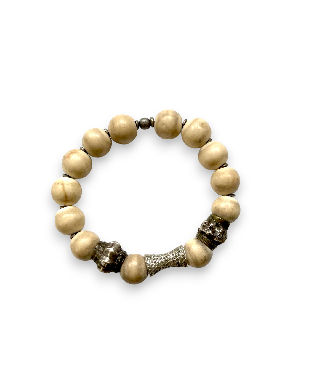 White Matte Jade Beads, Antique Sterling Silver Beads & Diamond Tube #2597