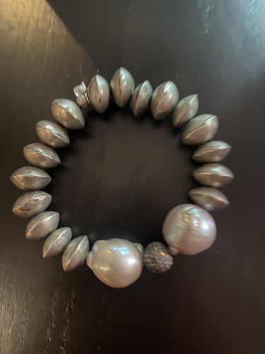 Antique Nigerian Silver Bicone Beads w/ South Sea Pearls and Diamond Bead #2635-Bracelets-Gretchen Ventura