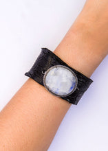 Load image into Gallery viewer, Black Crocodile Cuff w/ Pave Diamond Encrusted Moonstone (1.5&quot; wide) #2770
