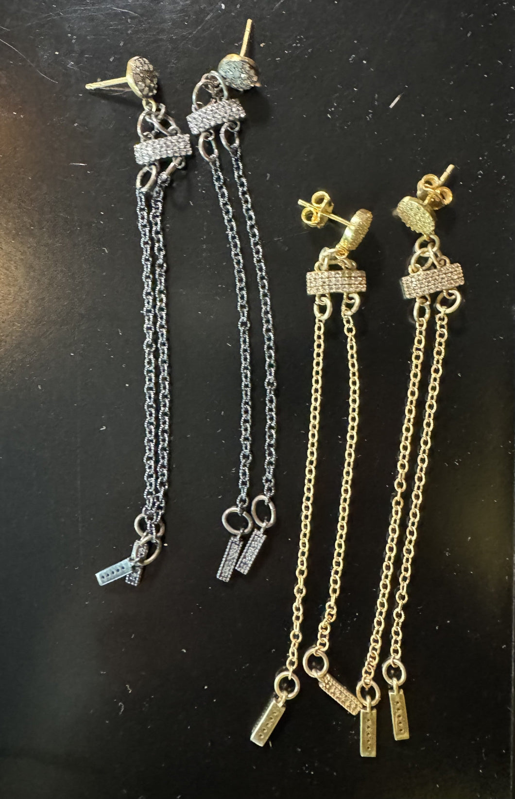 Blackened Sterling Silver or Gold Plate or Sterling Chain & Pave Diamond Tassel (3.5