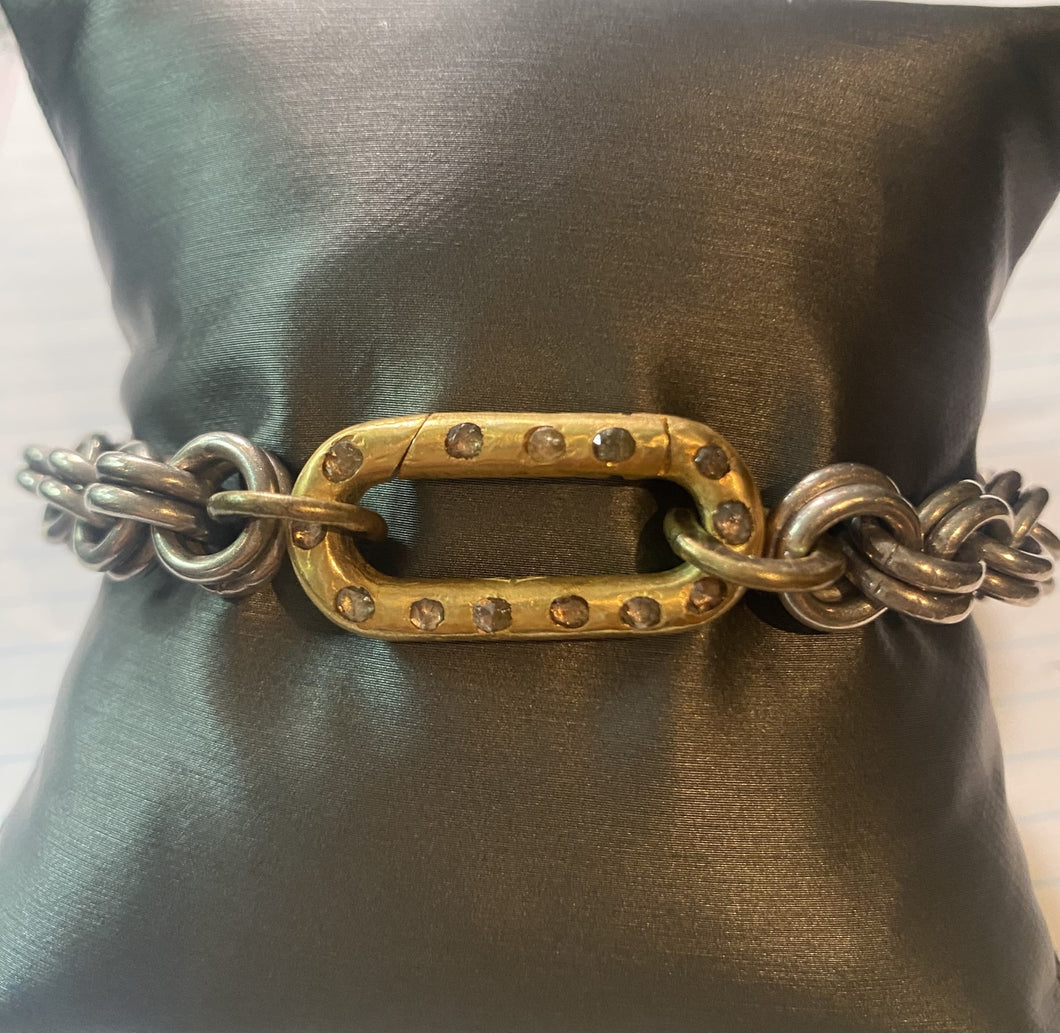 Vintage Sterling Link Chain Bracelet w/ Gold Plate over Sterling & Raw Diamond  GV Small Clasp #4256