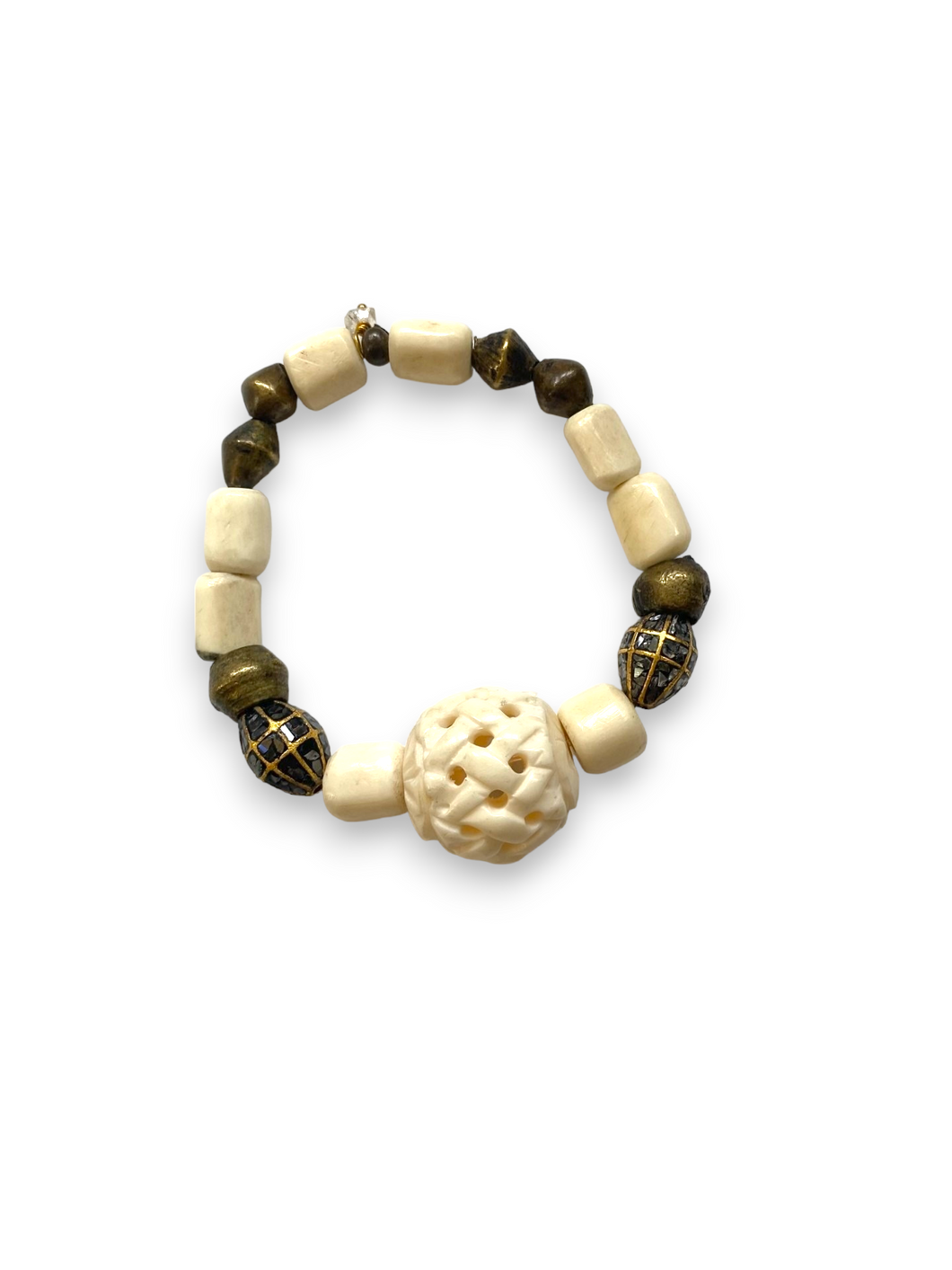 Carved bone & bone beads w/ 400yr + Nigerian bronze w/ black raw diamond beads #6107