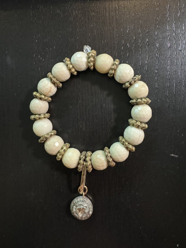 Faceted Fossilized Wood Beads w/ Vintage Brass Nigerian Rings & Rose Cut Diamond Pendant #6108-Bracelets-Gretchen Ventura