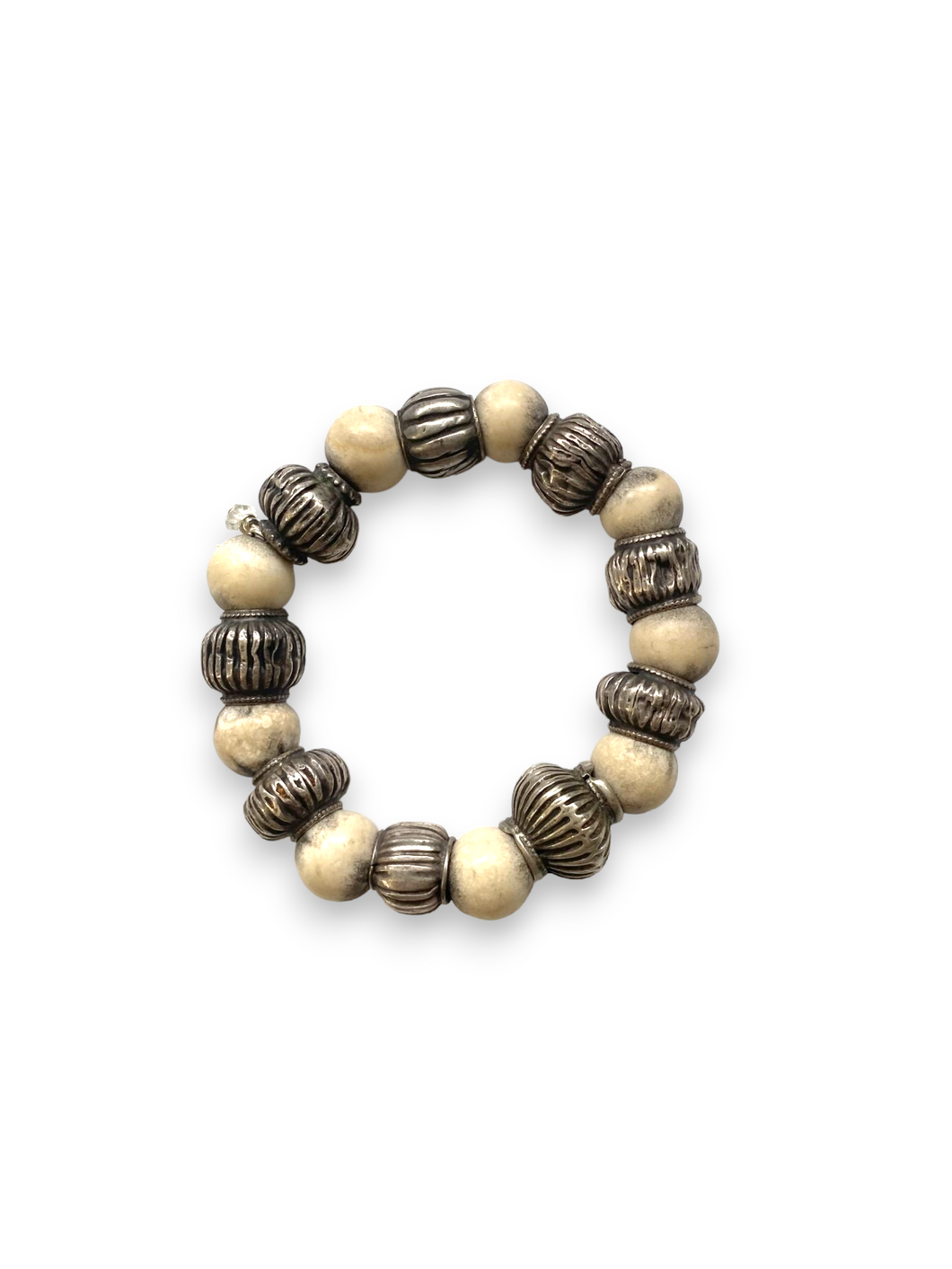 White Matte Jade Beads Bracelet w/Antique Sterling  Beads from India #6110