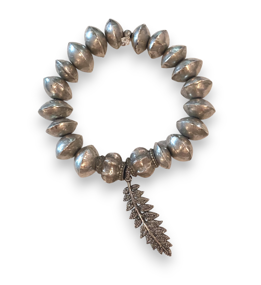 Antique Nigerian and Indian Silver Beads w/ Diamond Feather Bracelet #6119