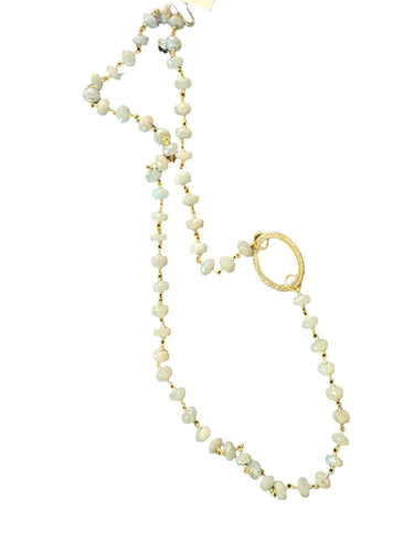 Faceted Silverite Plated Small Aqua Marine in Gold Plated Sterling Silver Rosary Chain w/ Diamond Oval Clasp-Necklaces-Gretchen Ventura