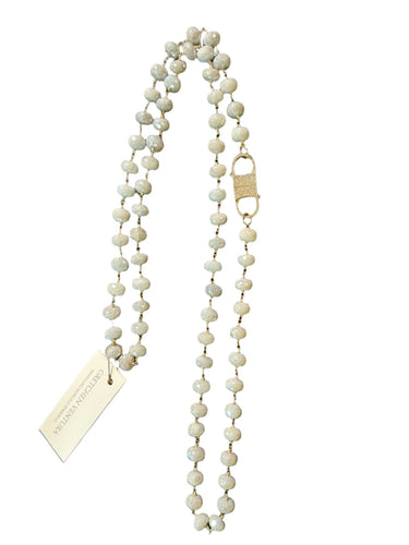 Faceted Silverite Plated Large Aqua Marine in Gold Plated Sterling Silver Rosary Chain w/ Diamond Double Sided Clasp-Necklaces-Gretchen Ventura