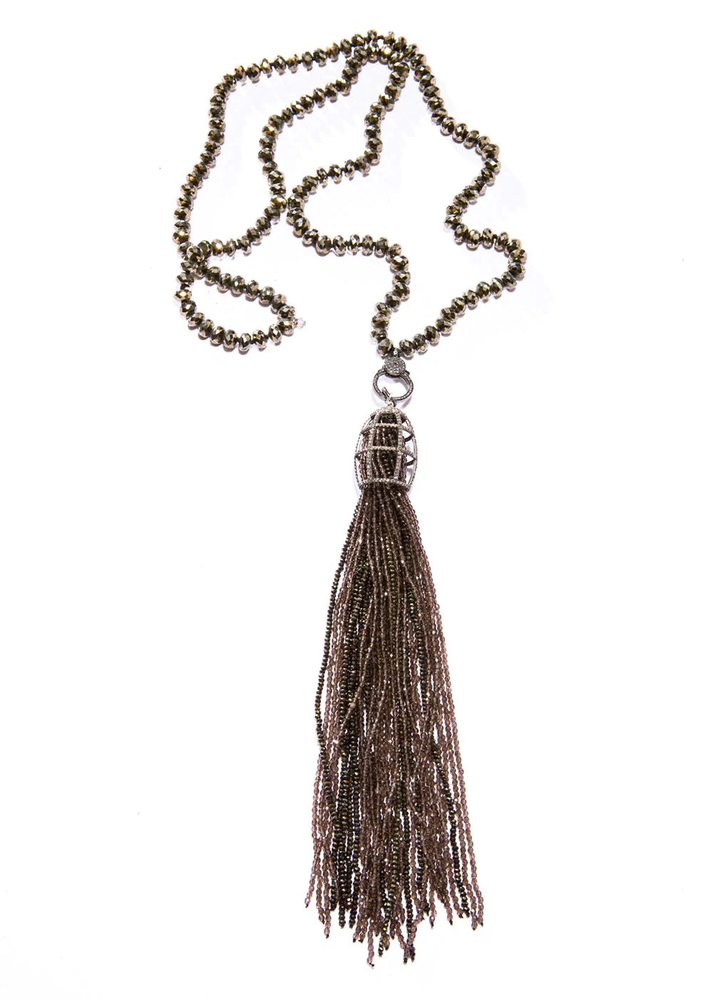 Smoky Quartz, Pyrite, Diamond & Sterling Cage Tassel w/Faceted Pyrite Chain #9449