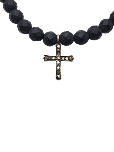 Onyx Bead & Diamond Cross Charm Bracelet-Men's-Gretchen Ventura