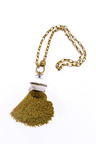 White Enamel & Baguette Diamond Tassel Necklace-Necklaces-Gretchen Ventura