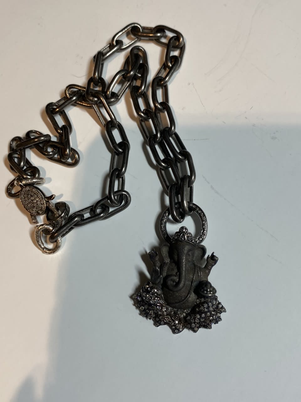 Diamond Encrusted Frosted  Sterling Ganesha Pendant on Blackened Sterling  Chain w/ Diamond Lobster Claw Clasp ( 16