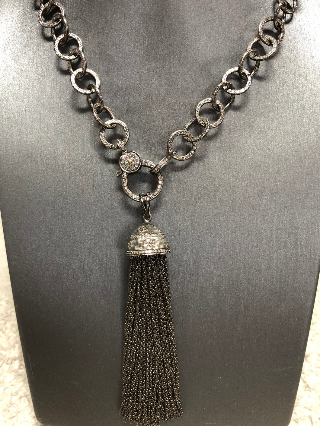 Diamond Capped Sterling Chain Tassel on Textured Sterling  Chain & Diamond Lobster Claw Chain (16