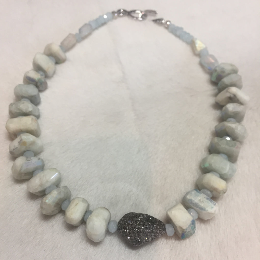 Hand Cut Titanium Plated Aqua Marine W/ Faceted Aqua Marine & Diamond Nugget 16