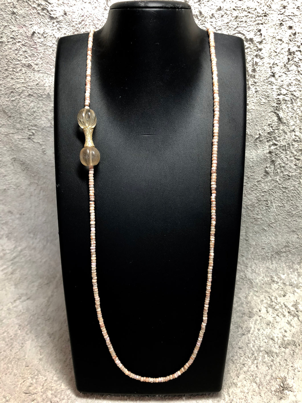 Nude Silverite w/Ancient Carved Quartz Crystal bead w/ Gold Fill & Diamond Tube 42