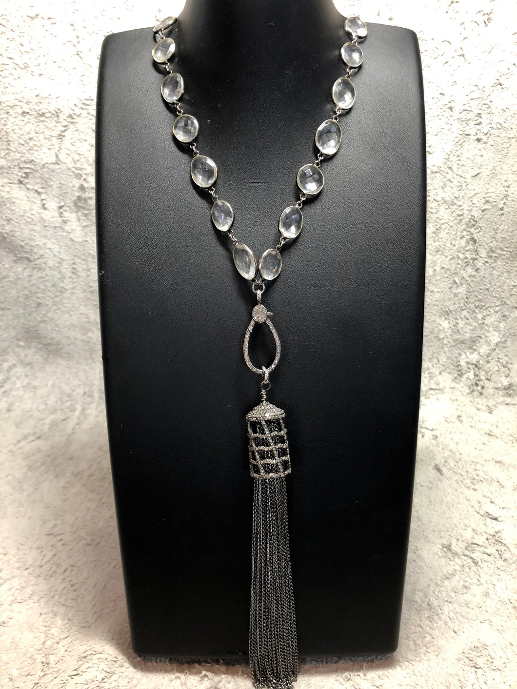 Oxidized Sterling Link Chain w/ Round Diamond Clasp & Diamond & Sterling Cage w/ Sterling Chain Tassel  (17