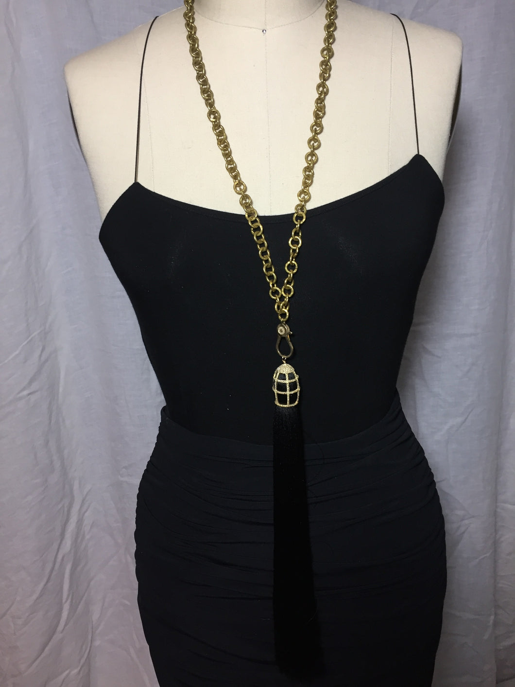 Hand Hammered Small Brass Chain w/ Diamond  Lobster Claw Clasp &  Gold Fill Diamond Cage w/ Black Silk Tassel (33