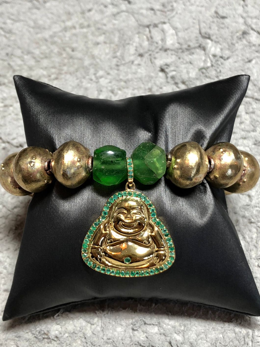 Gold Plate Over Brass Nigerian Beads w/ Vintage Vaseline Beads, Gold Plate & Emerald Buddha #2684