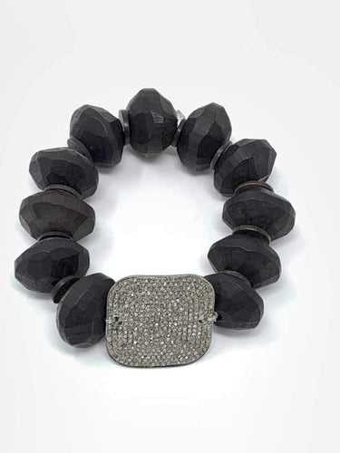 Moroccan Ebony Wood Beads Bracelet w/ Diamond Plate #2774-Bracelets-Gretchen Ventura