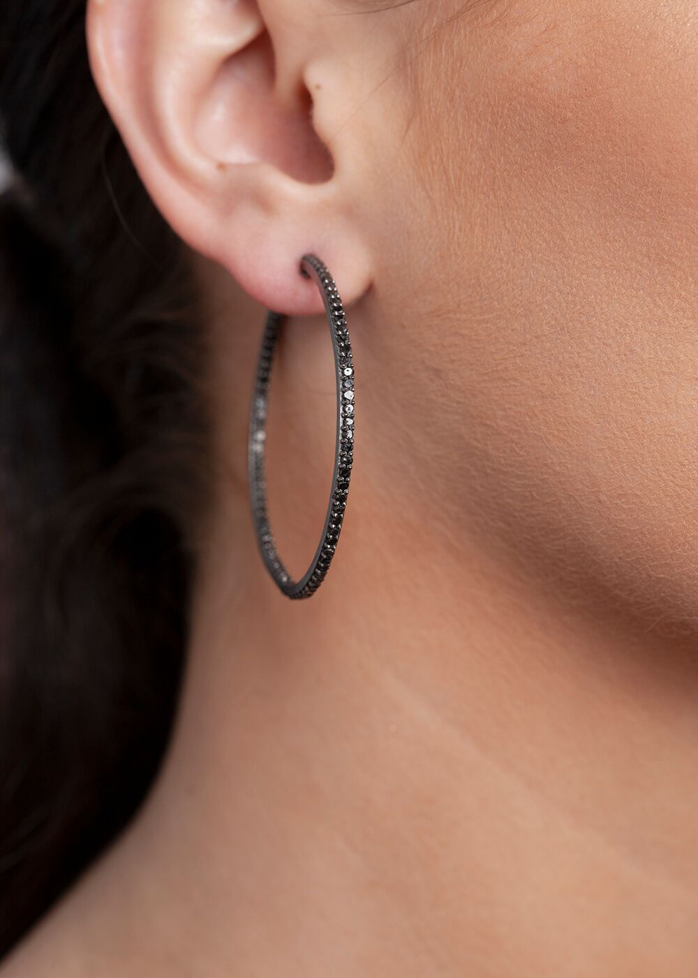 Rhodium Plated Silver w/ Black Diamond Hoops (50 mm) #3345-Earrings-Gretchen Ventura