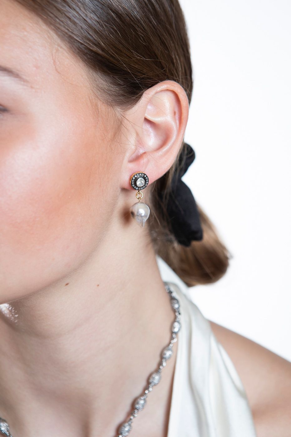 Gray South Sea Tahitian Pearl Earrings on Rose Cut & Pave Diamond Sterling Silver Posts #3488-Earrings-Gretchen Ventura