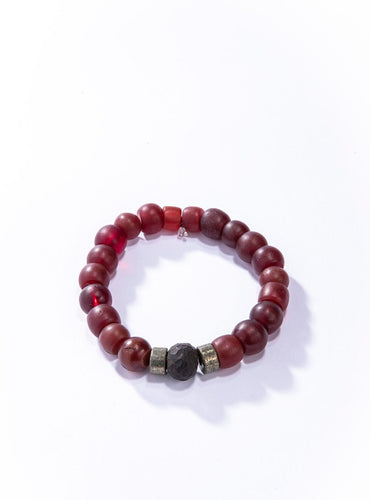 Antique Blood Red Afghanistani, Pyrite Discs, Hand Carved Indonesian Beads Bracelet #4169-Men's-Gretchen Ventura