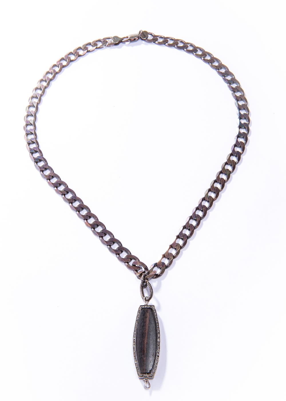 Oxidized Sterling Curb Chain w/ Wooden Diamond Pendant (22