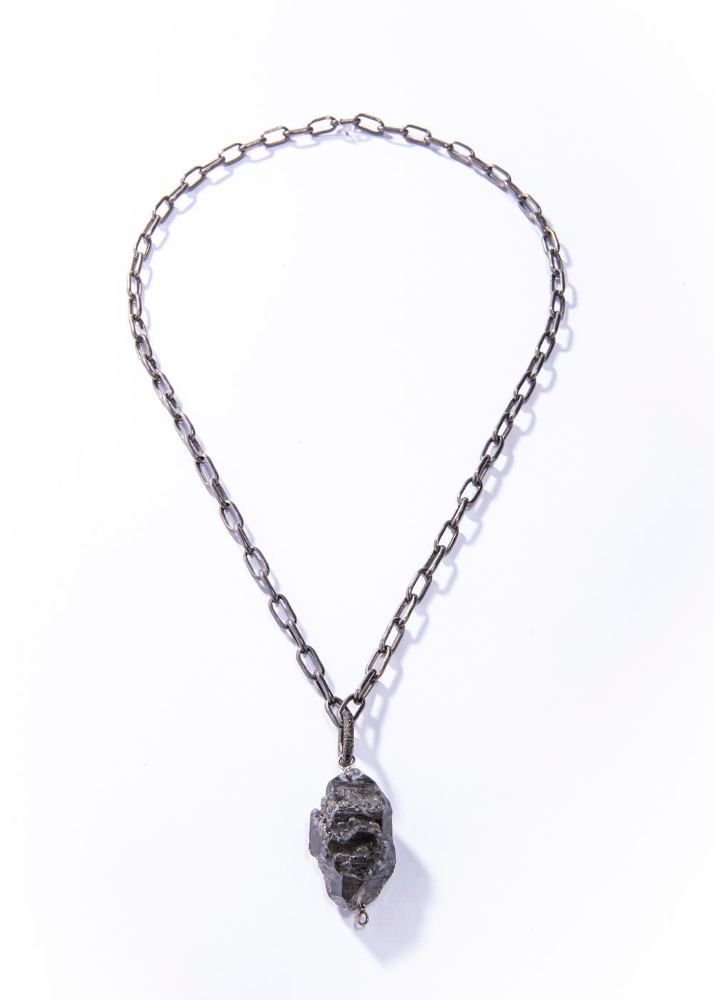 Black Quartz Nugget w/ Diamond Clasp & Blackened Sterling Link  Chain 24