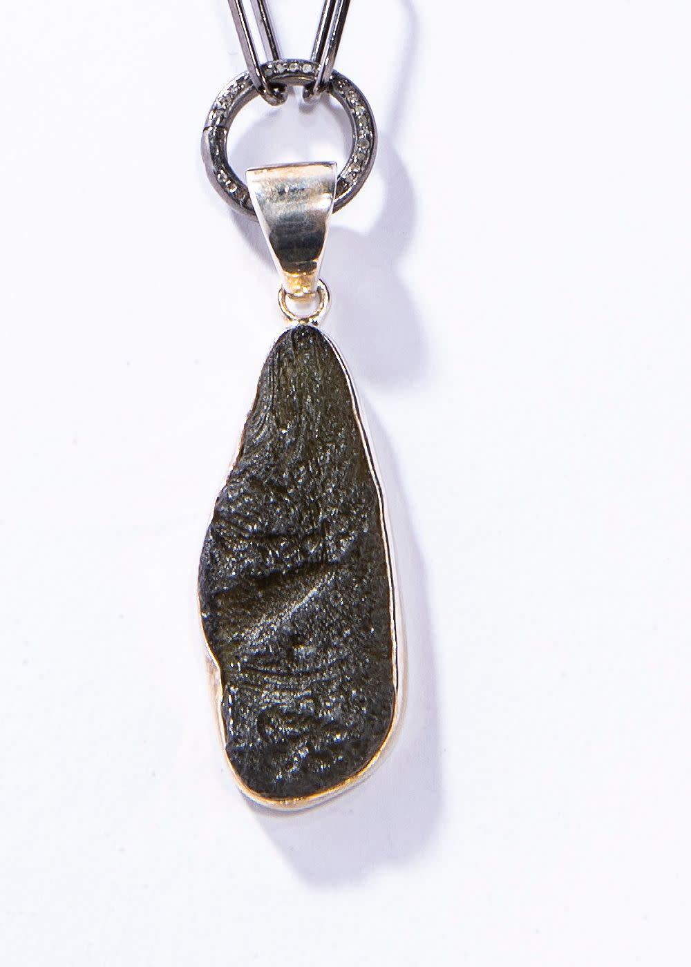 Moldavite Sterling Pendant w/ Blackened Sterling Link Chain w/ Round Dimond Clasp (22
