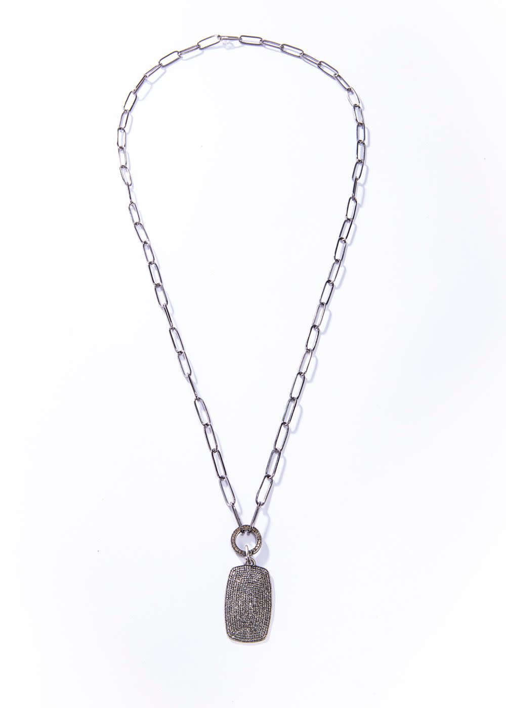 Pave Diamond Dog Tag Pendant w/ Blackened Sterling Link Chain & Diamond Round Clasp (28