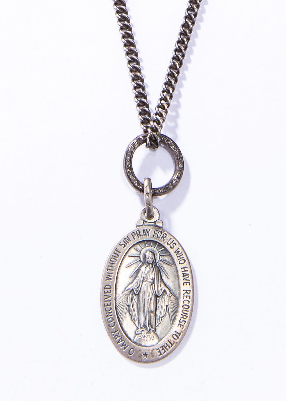 Sterling Blessed Mary Pendant w/ Oxidized Sterling Curb Chain & Diamond Clasp (30