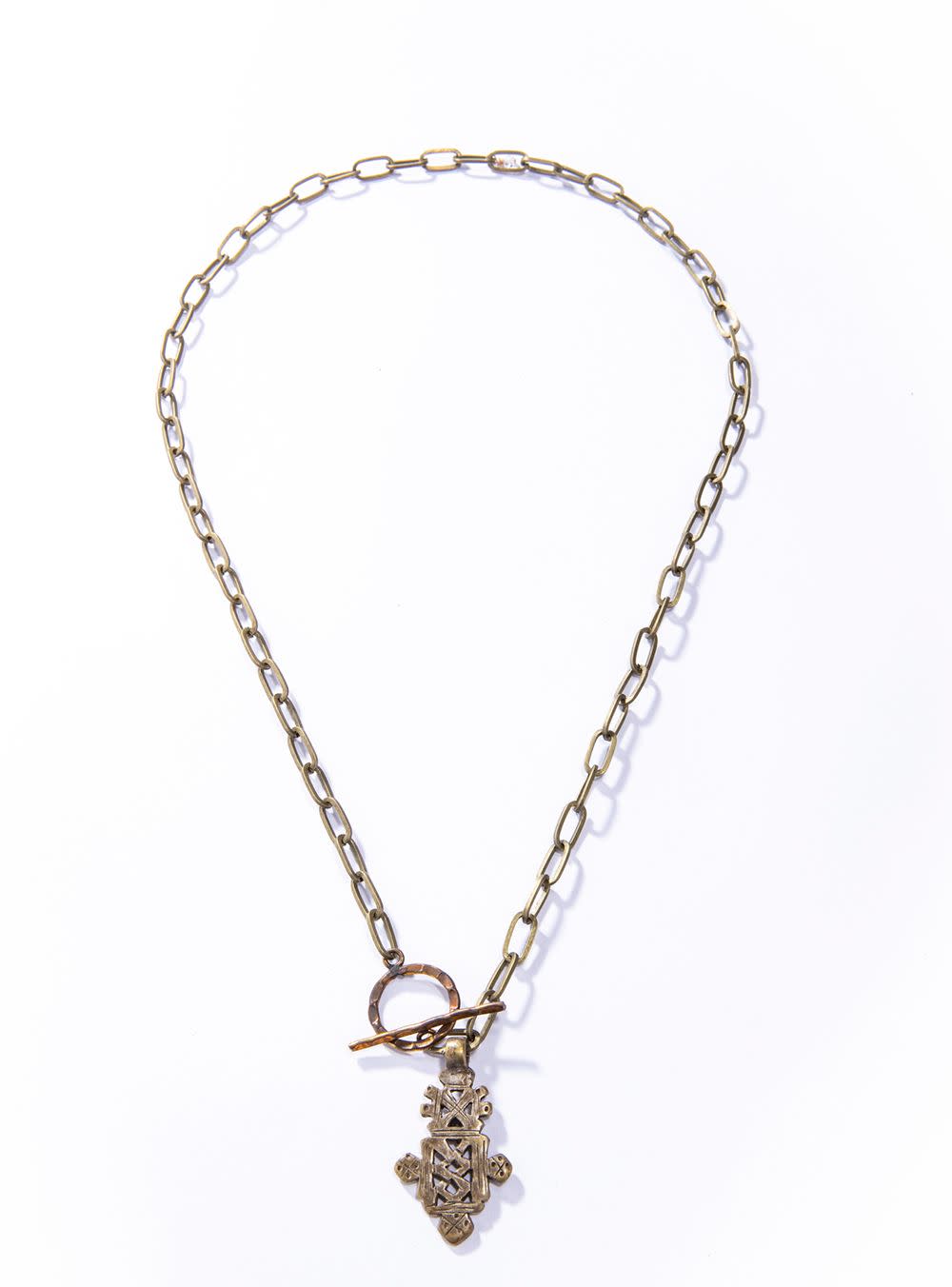 Brass Link Chain w/ Ethiopian Coptic Cross Pendant (22
