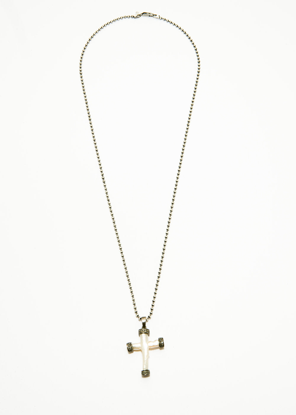 Fresh Water Pearl & Diamond Cross Pendant w/ Rhodium Plated Sterling Chain (19