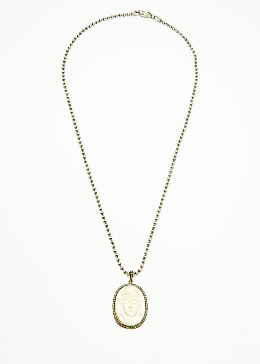 Diamond Encrusted Opal Buddha Pendant on Sterling Ball Chain (22