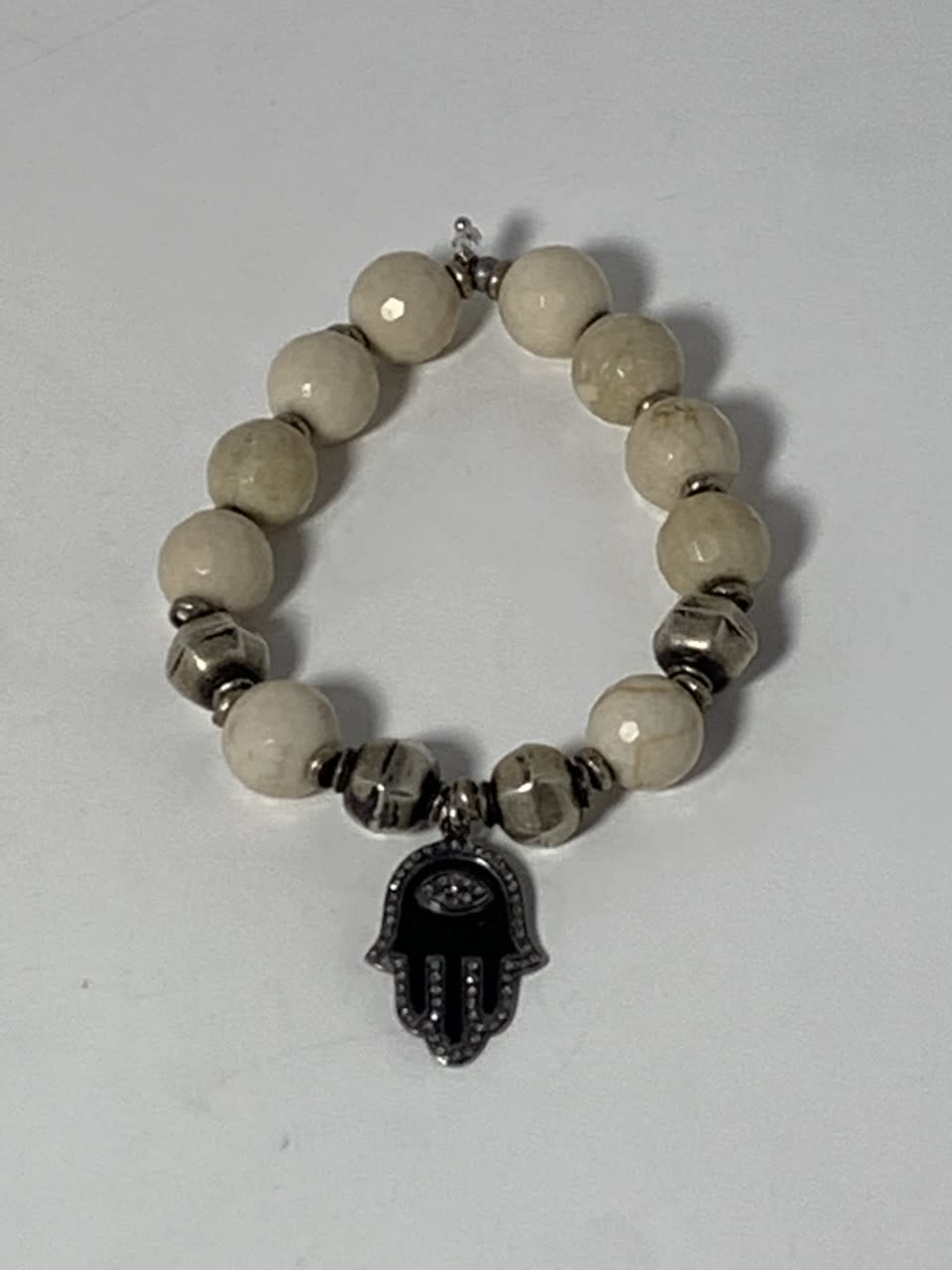 Faceted Fossilized Wood  Beads w/ Antique Sterling Indian Beads & Diamond Hamsa #6109