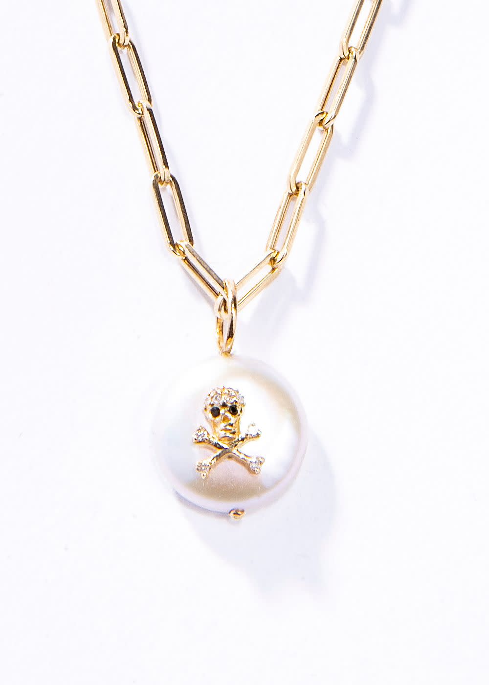 14K Yellow Gold, Pearl, Sapphire,& Diamond Skull Pendant (.80