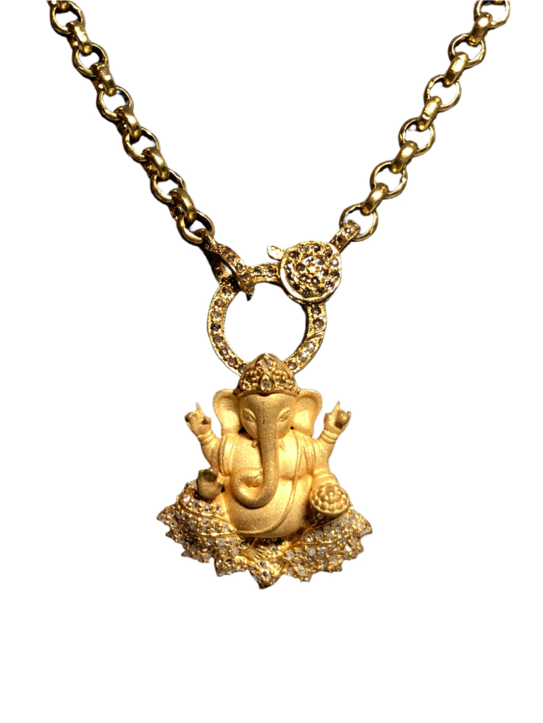 Gold Plate over Sterling Frosted Diamond Ganesha Pendant on Gold Plated Sterling Chain w/ GP Sterling Diamond Lobster Claw Clasp(18