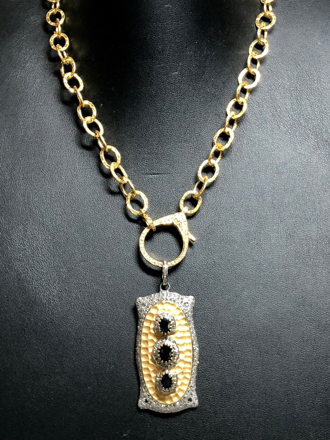 Diamond Pave & Sapphire w/ GP over Sterling  Pendant w/ GP & Diamond Pave Lobster Claw Clasp (18