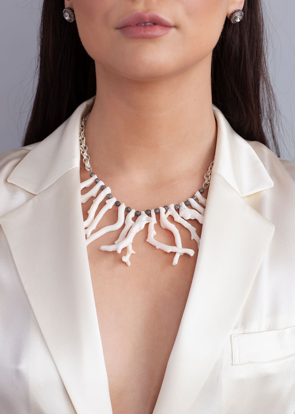 Natural White Coral & Diamond Pave Beads w/ Textured Sterling Chain & Diamond Lobster Claw Clasp (21