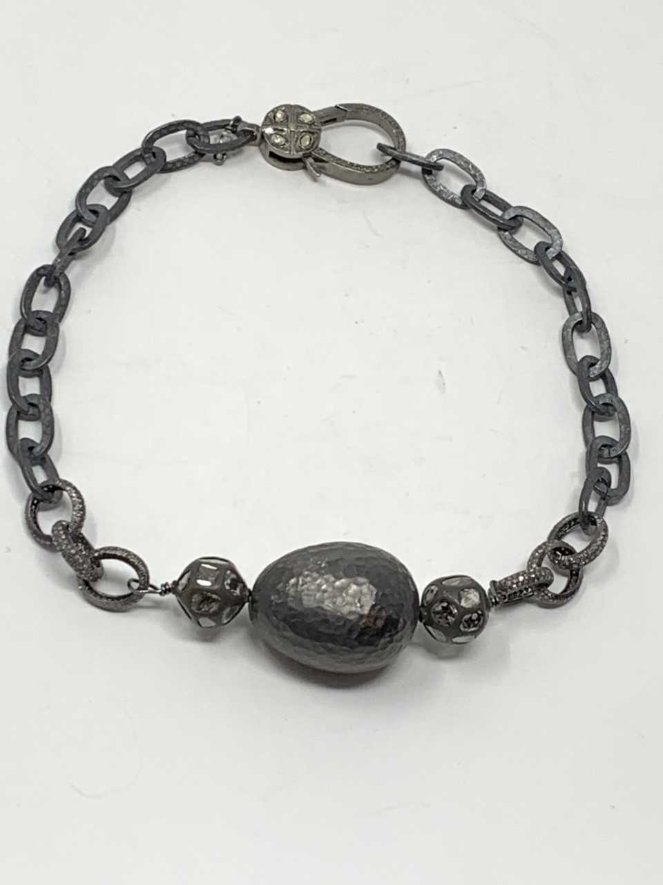 Titanium Plated Sterling w/ Rose Cut Diamond & Diamond Link Chain w/ Hand Hammered Rhodium Plate Bead & Chain Choker #9158