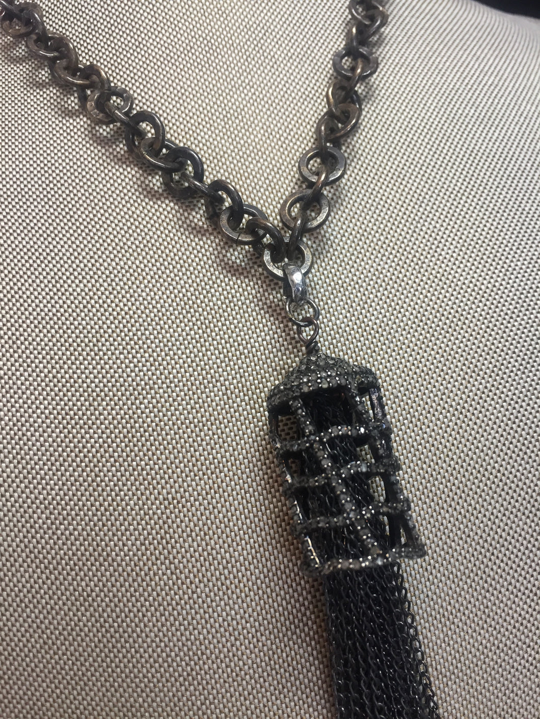 Diamond & Sterling Cage w/ Sterling Chain Tassel on Textured Sterling Chain w/ Diamond Lobster Claw Clasp (20