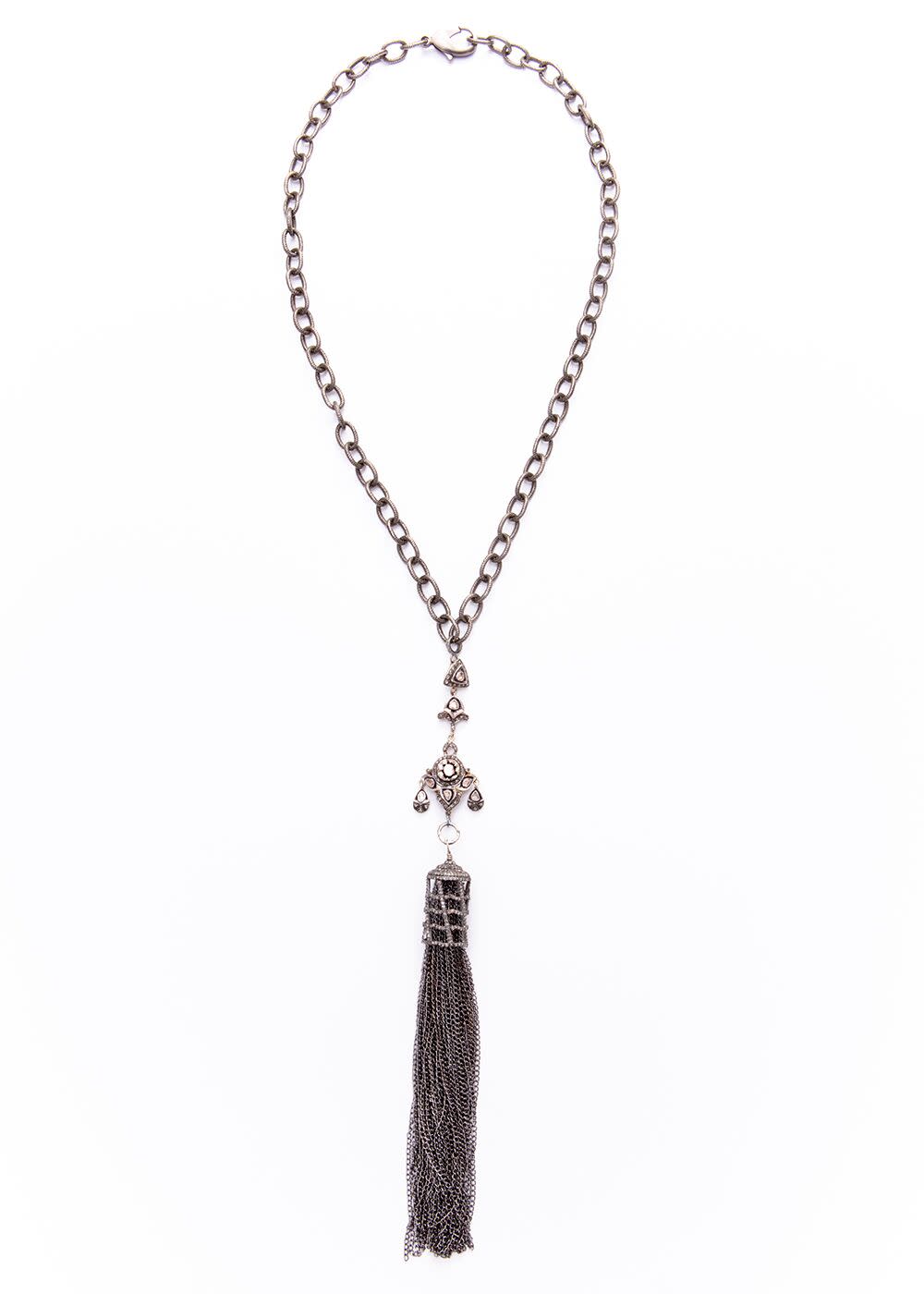 Rose Cut & Pave Diamond Cage & Sterling Chain Tassel w/ Rhodium plated Sterling Chain (26