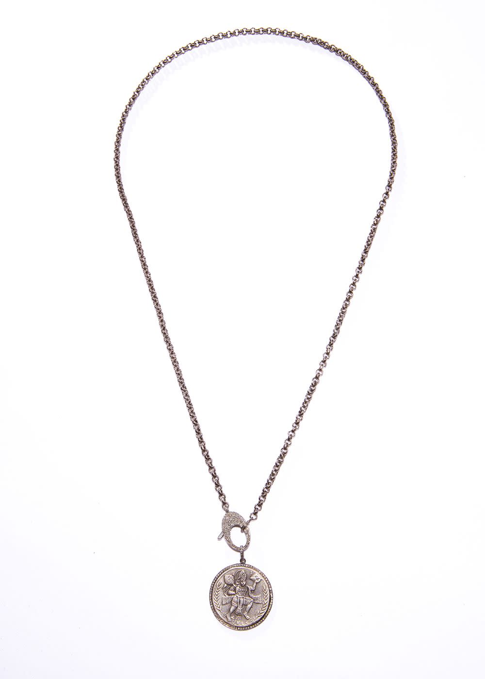 Oxidized Sterling Silver & Diamond Hanuman Pendant on Oxidized Sterling Silver Chain & Diamond Clasp (35