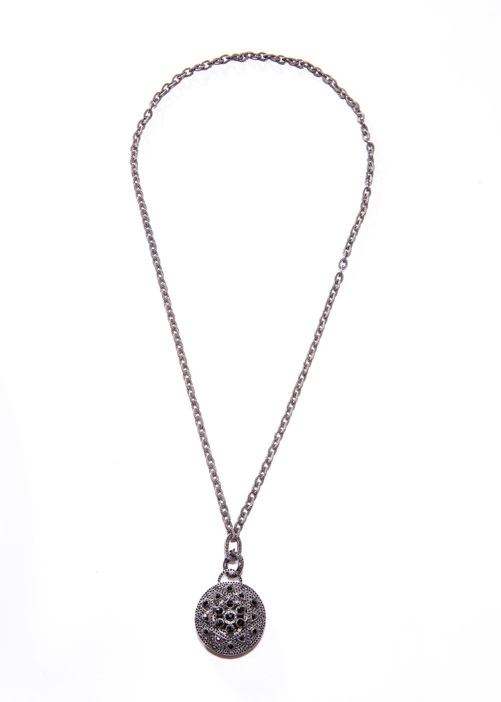 Rhodium Plated Sterling Hammered Medium GV Chain w/ Oxidized Sterling & Black Spinel Pendant (30