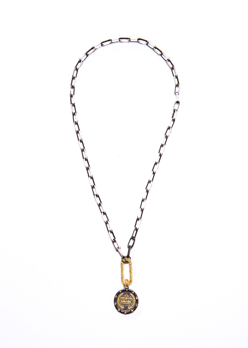 Rhodium Plated Sterling, Vermeil Gold & Diamond  Royal Pendant w/ Vermeil Gold Link Clasp & Rhodium Sterling Chain (18