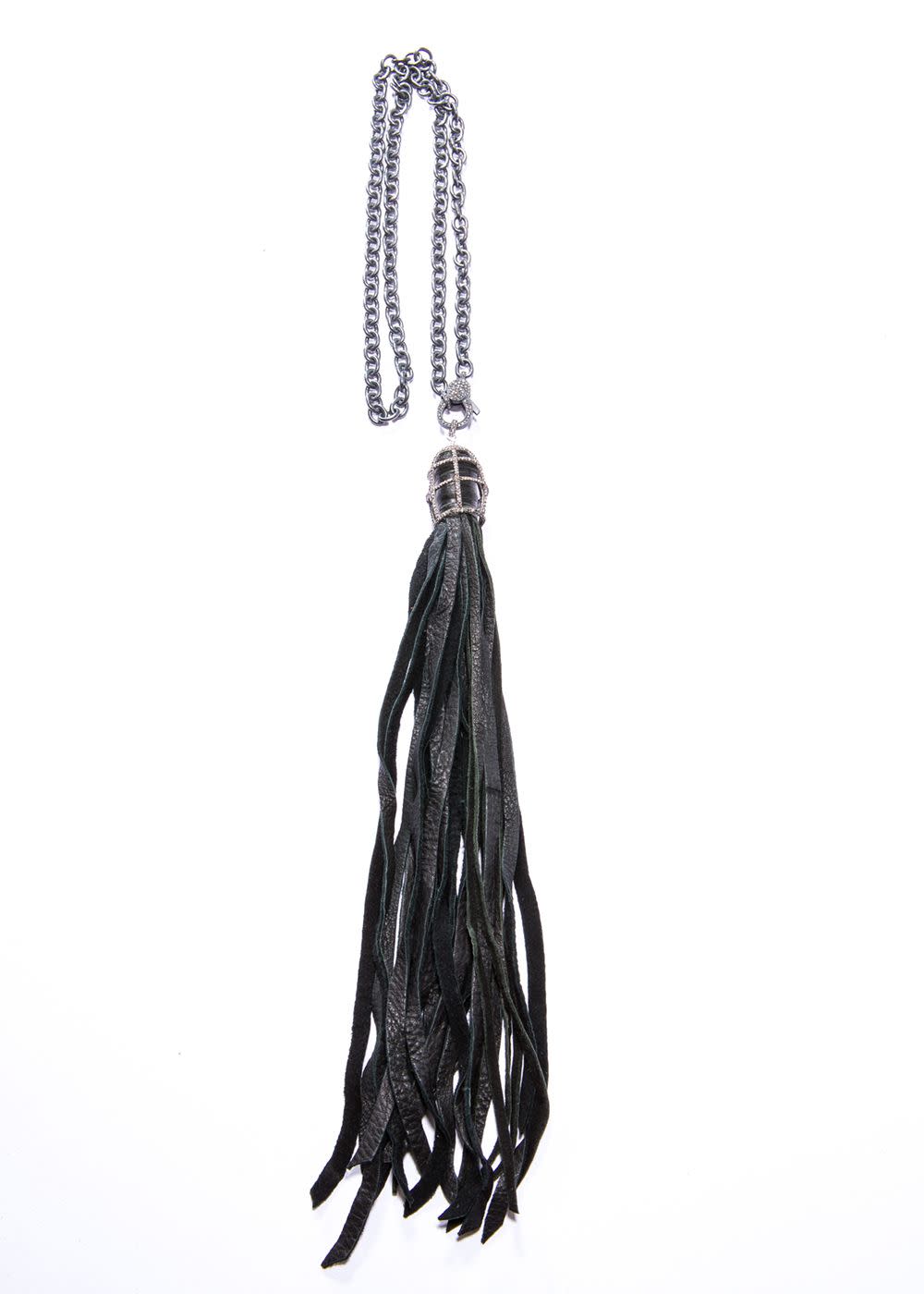 Black Leather Tassel in Sterling & Diamond Cage w/ Rhodium Plated Sterling Link  Chain & Diamond  Lobster Clasp 30