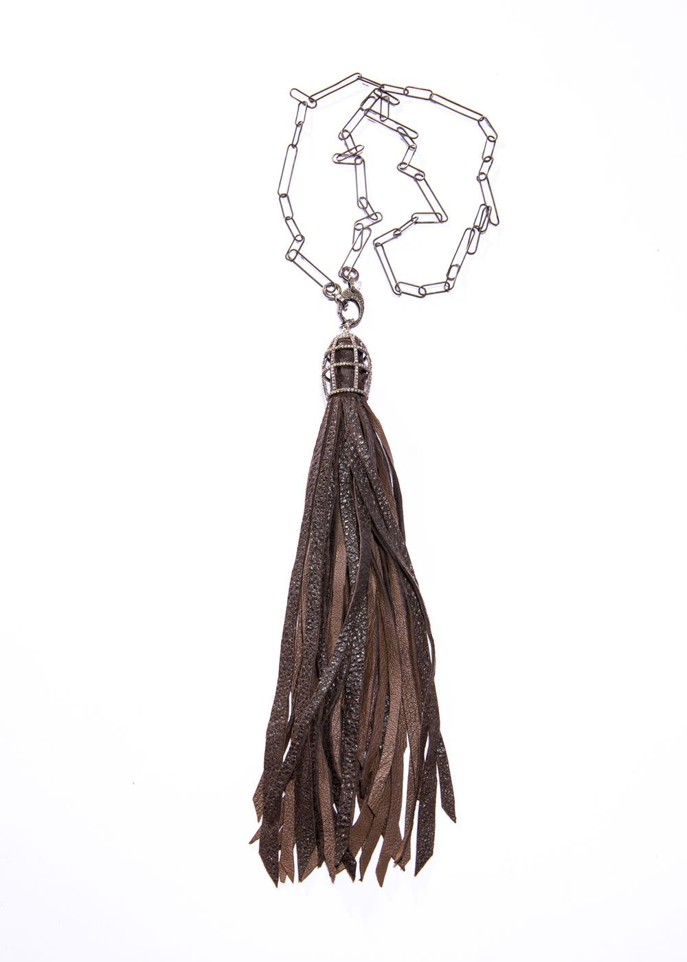 Brown Leather Tassel in Sterling & Diamond Cage w/ Oxidized Sterling Link & Diamond Clasp (32