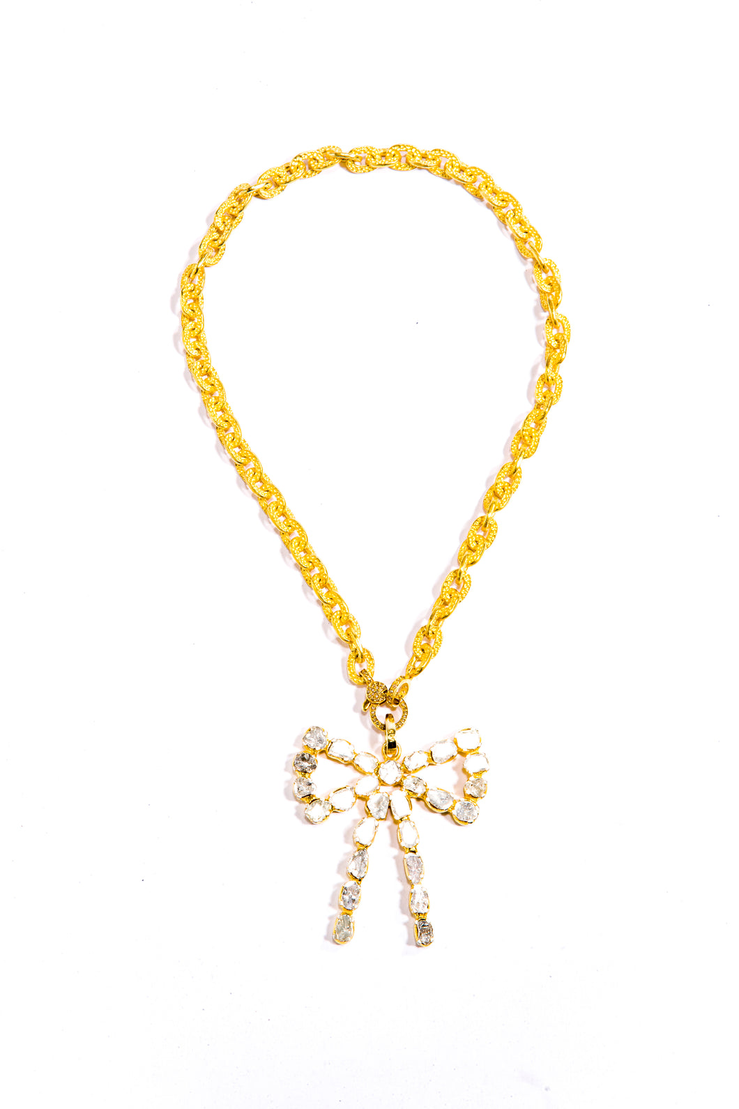Sterling or GP over Sterling &Rose Cut Diamond  Bow w/ Acid wash  medium GV chain & Diamond Lobster clasp (14
