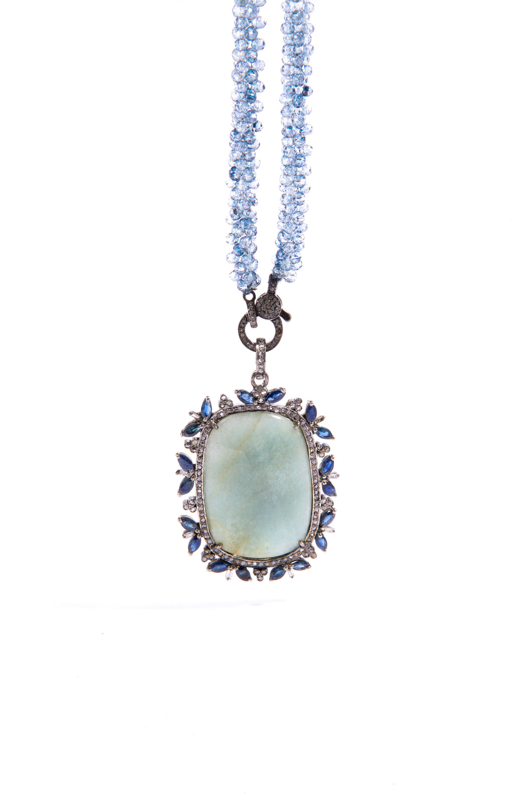 Moss Aquamarine (24c), Sapphire(12.09c) & Diamond (.87c) Pendant in Sterling  on Woven Mystic Topaz Rope w/ Diamond Lobster Claw Clasp Necklace (30