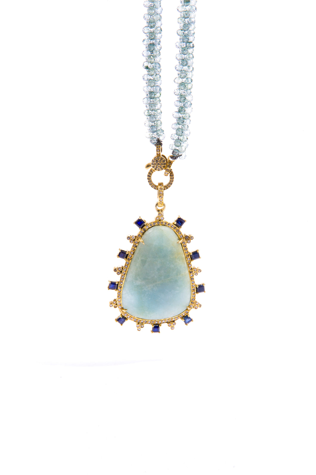 Moss Aquamarine (24.77c), Sapphire(11.5c), Diamond (.57c) Pendant in GP over Sterling on Mystic Topaz Woven Rope Necklace (30